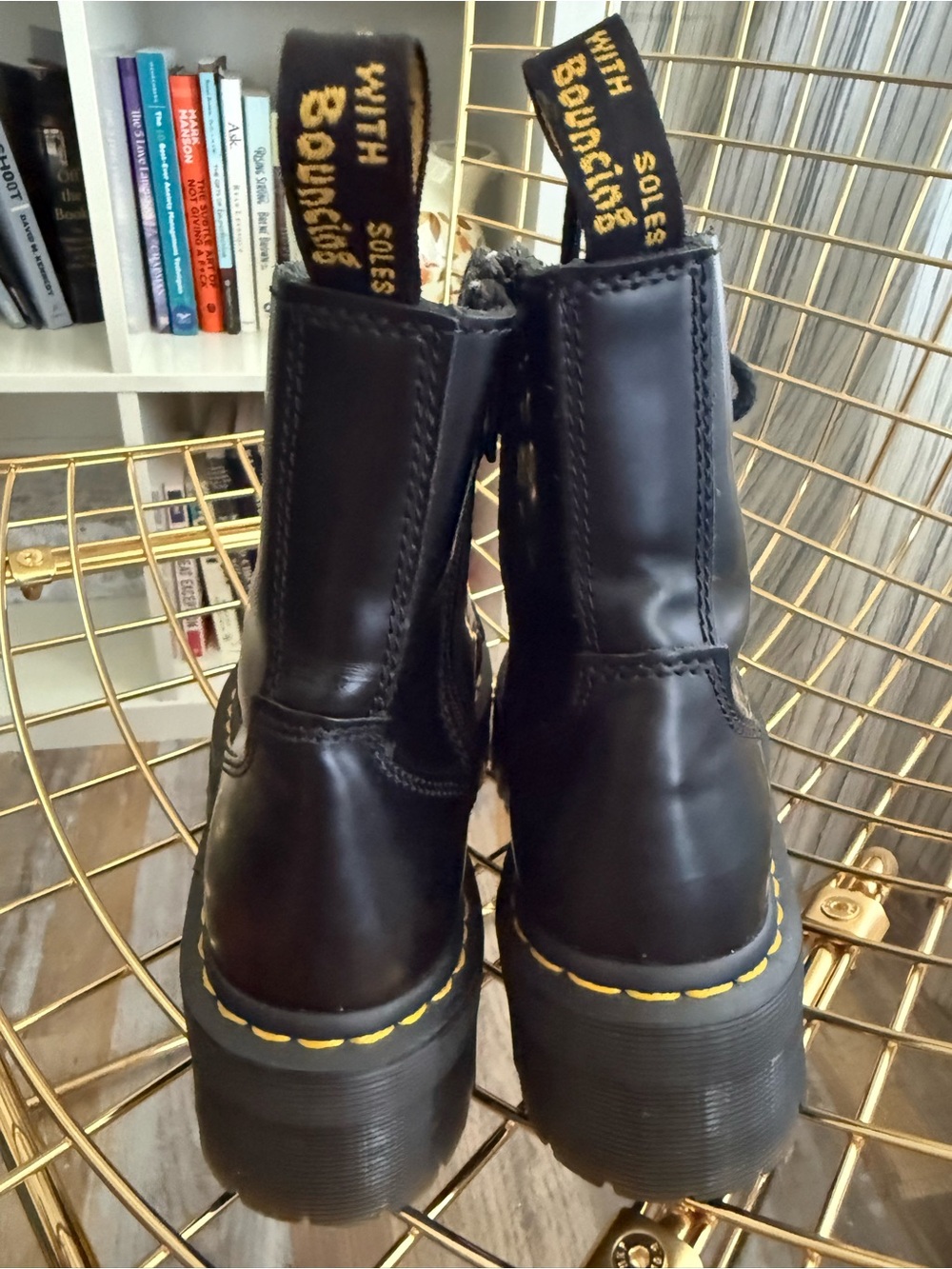 Dr. Martens Black Platform Combat Boots with Yellow Stitching - Picture 2 of 4